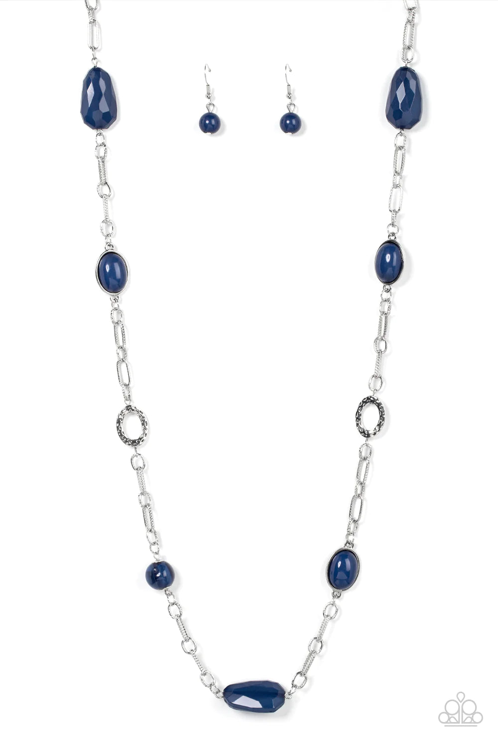 Paparazzi Accessories Barcelona Bash - Blue A mismatched assortment of blue beaded frames, hammered silver rings, and glassy and faceted blue acrylic accents adorns textured sections of shimmery silver chain across the chest, resulting in a refreshing pop