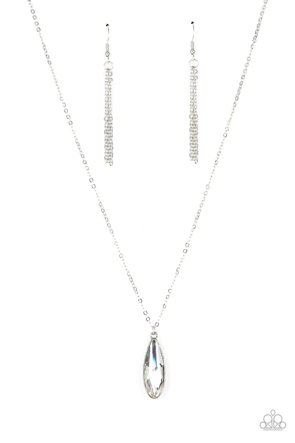 Paparazzi Accessories Prismatically Polished - White Encased in a sleek silver fitting, an elongated white teardrop gem swings from the bottom of a classic silver chain below the collar for a timeless elegance. Features an adjustable clasp closure. Sold a