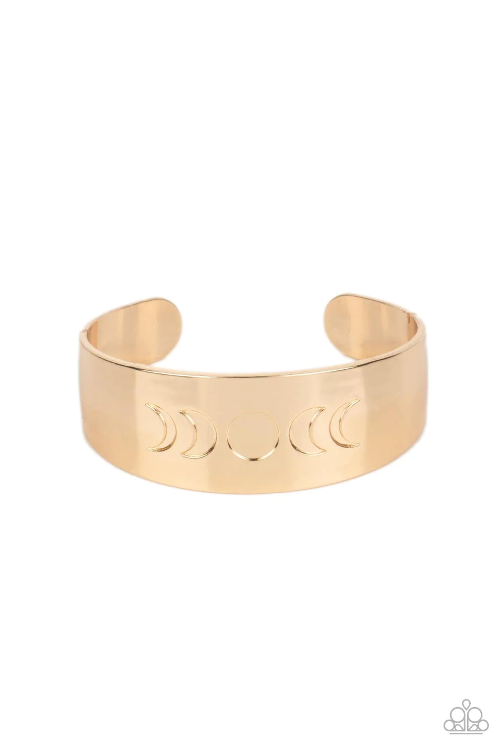 Paparazzi Accessories Lunar Effect - Gold The phases of the moon are engraved across the front of a thick, shiny, gold cuff, creating an effortlessly celestial statement piece. Sold as one individual bracelet. Jewelry