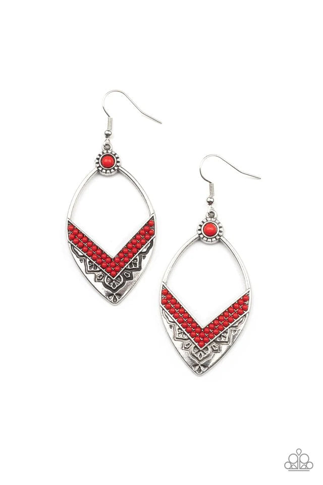 Paparazzi Accessories Indigenous Intentions - Red Indigenous Intentions is a playful and elegant design. Two rows of Fire Whirl seed beads create a V at the bottom of an airy silver frame embossed and stamped in indigenous inspired patterns, such as the m