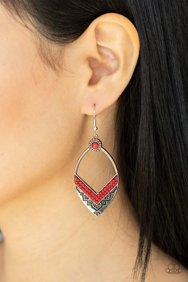 Paparazzi Accessories Indigenous Intentions - Red Indigenous Intentions is a playful and elegant design. Two rows of Fire Whirl seed beads create a V at the bottom of an airy silver frame embossed and stamped in indigenous inspired patterns, such as the m