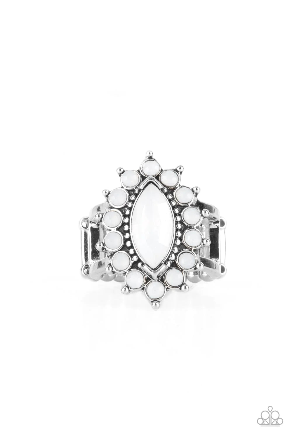 Paparazzi Accessories Everlasting Eden - White A marquise-cut white gem is pressed into the center of a studded silver frame surrounded by dewy white rhinestone petals, creating an ethereal floral centerpiece atop layered silver bands. Features a stretchy