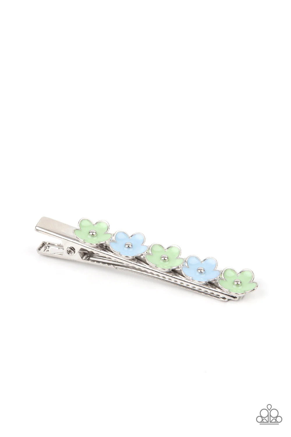 Paparazzi Accessories Flower Patch Flirt - Multi Dotted with silver studded centers, dainty green and blue flowers bloom across the front of a dainty classic silver hair clip for a whimsy garden inspiration. Sold as one individual hair clip. Hair Accessor