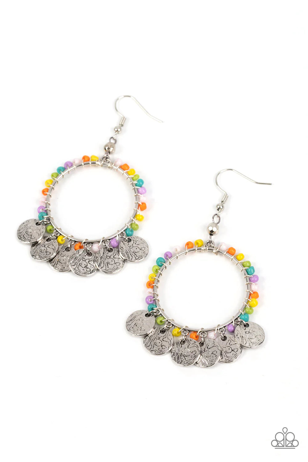 Paparazzi Accessories Bohemian Beach Blast - Multi Textured silver discs chime at the bottom of a silver wire hoop. Dainty multicolored seed beads are threaded along an invisible wire and wrapped around the hoop for a bohemian vibe. Earring attaches to a