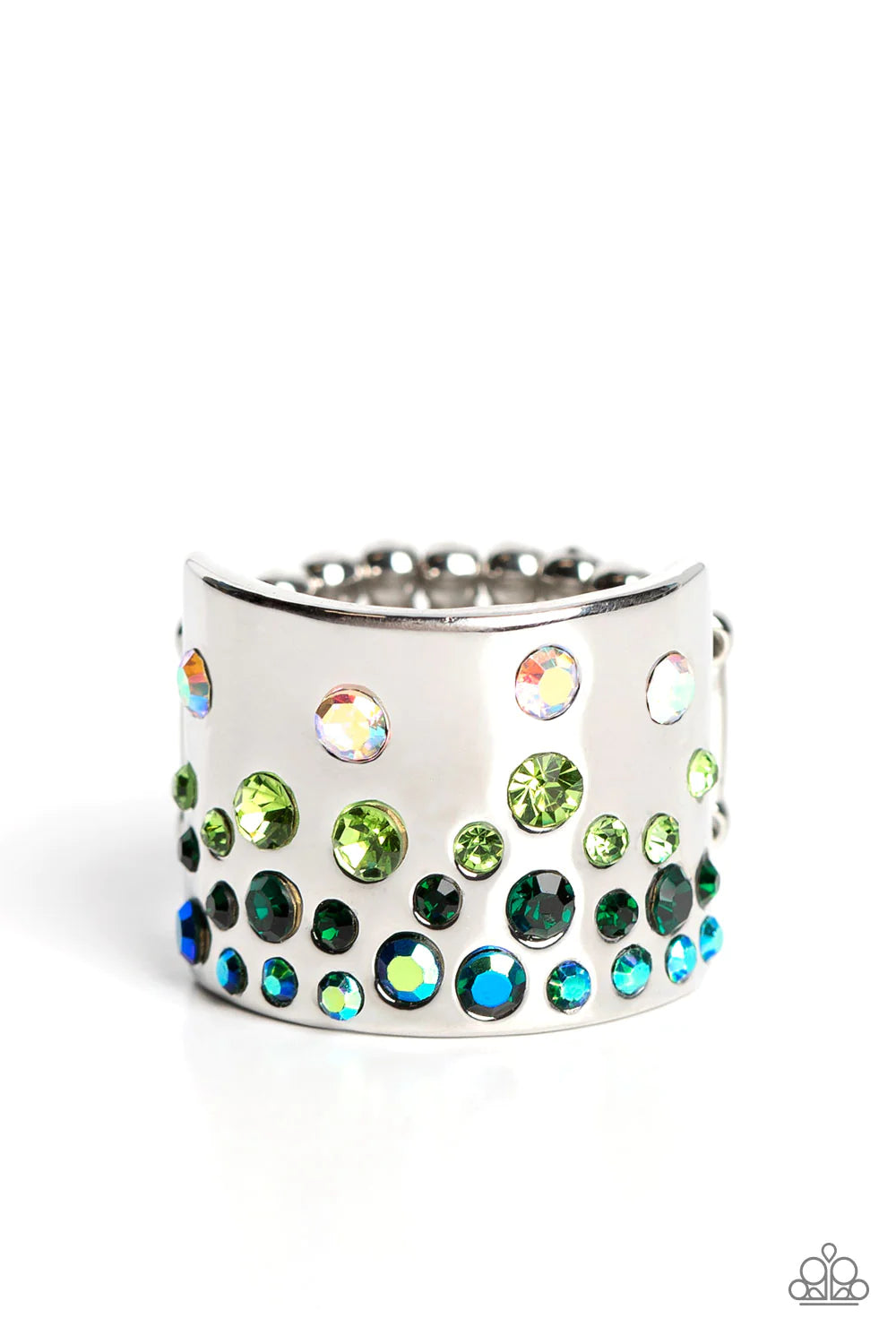 Paparazzi Accessories Sizzling Sultry - Green Featuring iridescent and glassy finishes, glitzy rows of blue, green, and multicolored rhinestones are haphazardly sprinkled across the front of a thick silver band for a colorful splash of sparkle. Features a