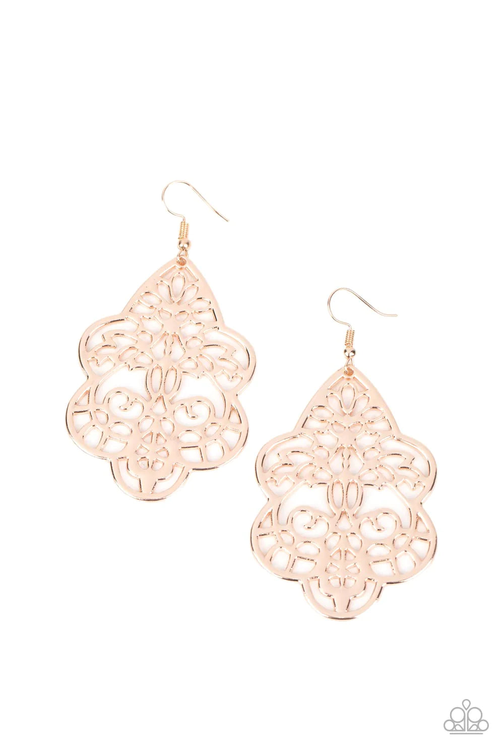 Paparazzi Accessories Festive Foliage - Rose Gold Brilliant rose gold floral filigree designs permeate a bohemian style scalloped frame resulting in a mystical lure. Earring attaches to a standard fishhook fitting. Sold as one pair of earrings. Jewelry