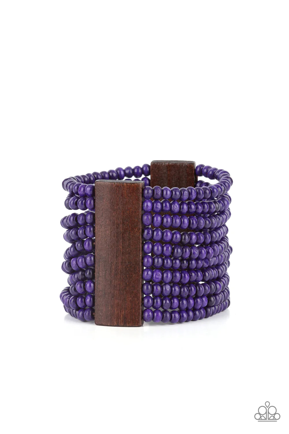 Paparazzi Accessories Waikiki Wonderland - Purple Held together with brown wooden rectangular frames, rows of vivacious purple wood beads are threaded along stretchy bands around the wrist for a whimsically layered look. Sold as one individual bracelet. J