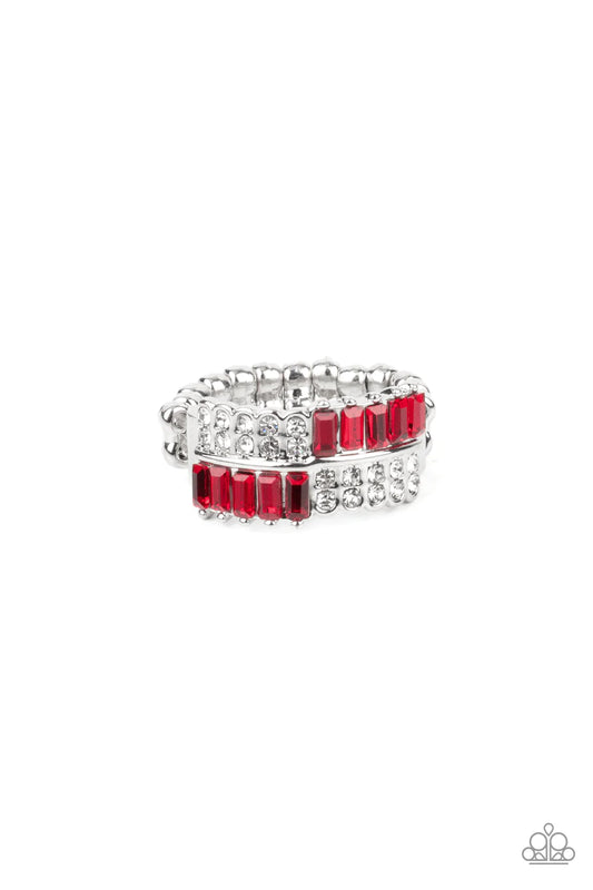 Paparazzi Accessories Put Them In Check - Red Stacks of dainty white and emerald cut red rhinestones connect across the finger, creating a glitzy checkered centerpiece atop the finger. Features a dainty stretchy band for a flexible fit. Sold as one indivi