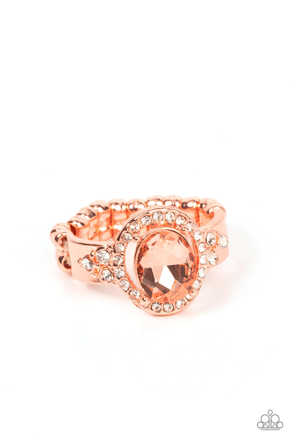 Paparazzi Accessories Dazzling I Do’s - Copper Reminiscent of an engagement ring, a coppery oval gem is showcased atop a white rhinestone encrusted shiny copper setting for an elegantly stellar finish. Features a dainty stretchy band for a flexible fit. S