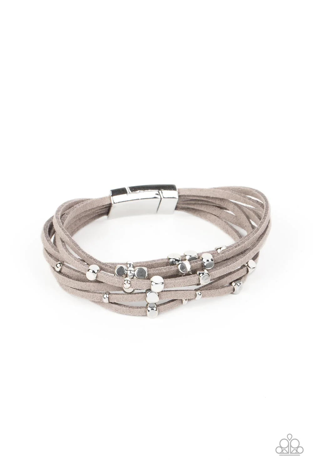 Paparazzi Accessories Clustered Constellations - Silver Row after row of gray suede cords layer around the wrist. Varying sizes of shiny silver studs coalesce across the cords in an out-of-this-world pattern for a starry statement. Features a magnetic clo