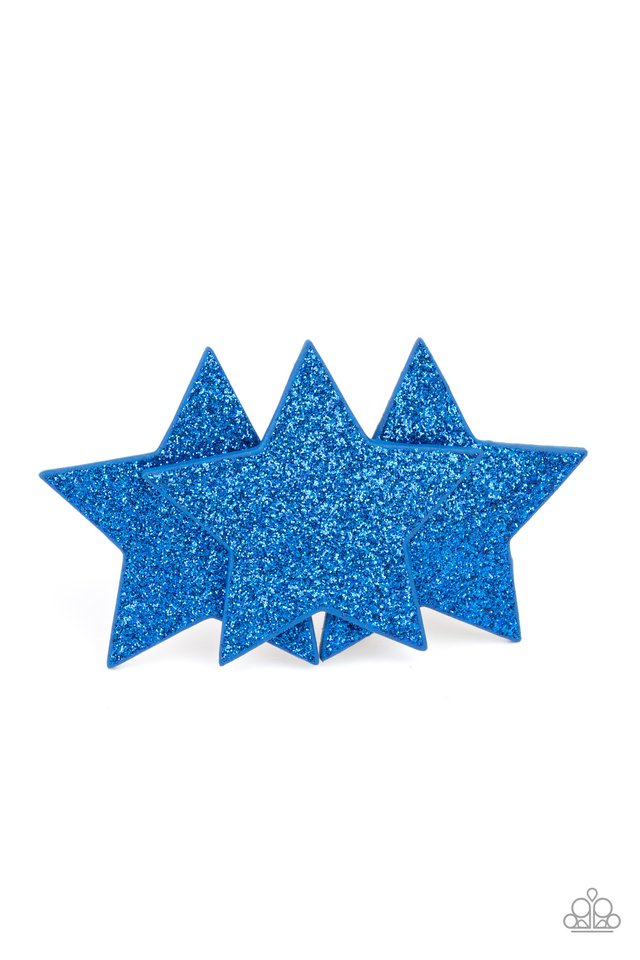 Paparazzi Accessories Happy Birthday, America - Blue Dusted in glittery sparkles, dazzling blue leather stars delicately overlap into a stellar centerpiece for a sparkly patriotic finish. Features a standard hair clip on the back. Hair Accessories