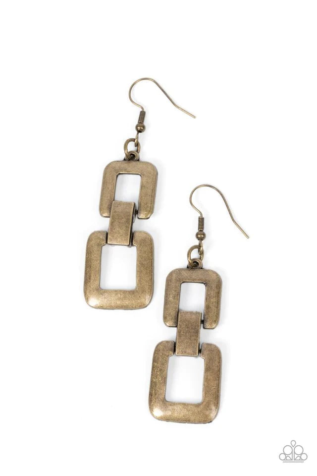 Paparazzi Accessories Public Square - Brass Brushed in a burnished finish, two square brass frames link into a monochromatic lure for a rustic flair. Earring attaches to a standard fishhook fitting. Jewelry