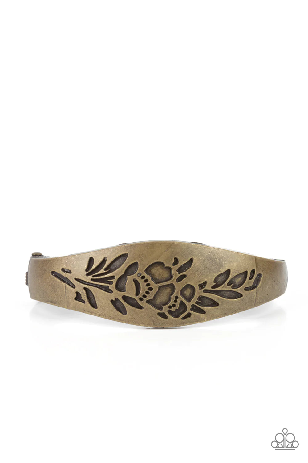 Paparazzi Accessories Fond of Florals - Brass The front of a thick antiqued brass bangle-like bracelet is stamped in a leafy floral pattern, creating a whimsy centerpiece around the wrist. Features a hinged closure. Sold as one individual bracelet. Jewelr