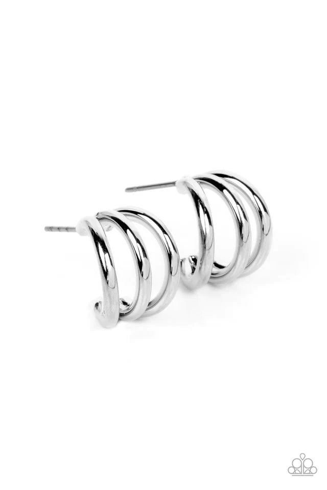 Paparazzi Accessories TRIPLE Down - Silver Three dainty silver frames curve into a single hoop, creating a layered peek of shimmer. Earring attaches to a standard post fitting. Hoop measures approximately 1/2" in diameter. Sold as one pair of hoop earring