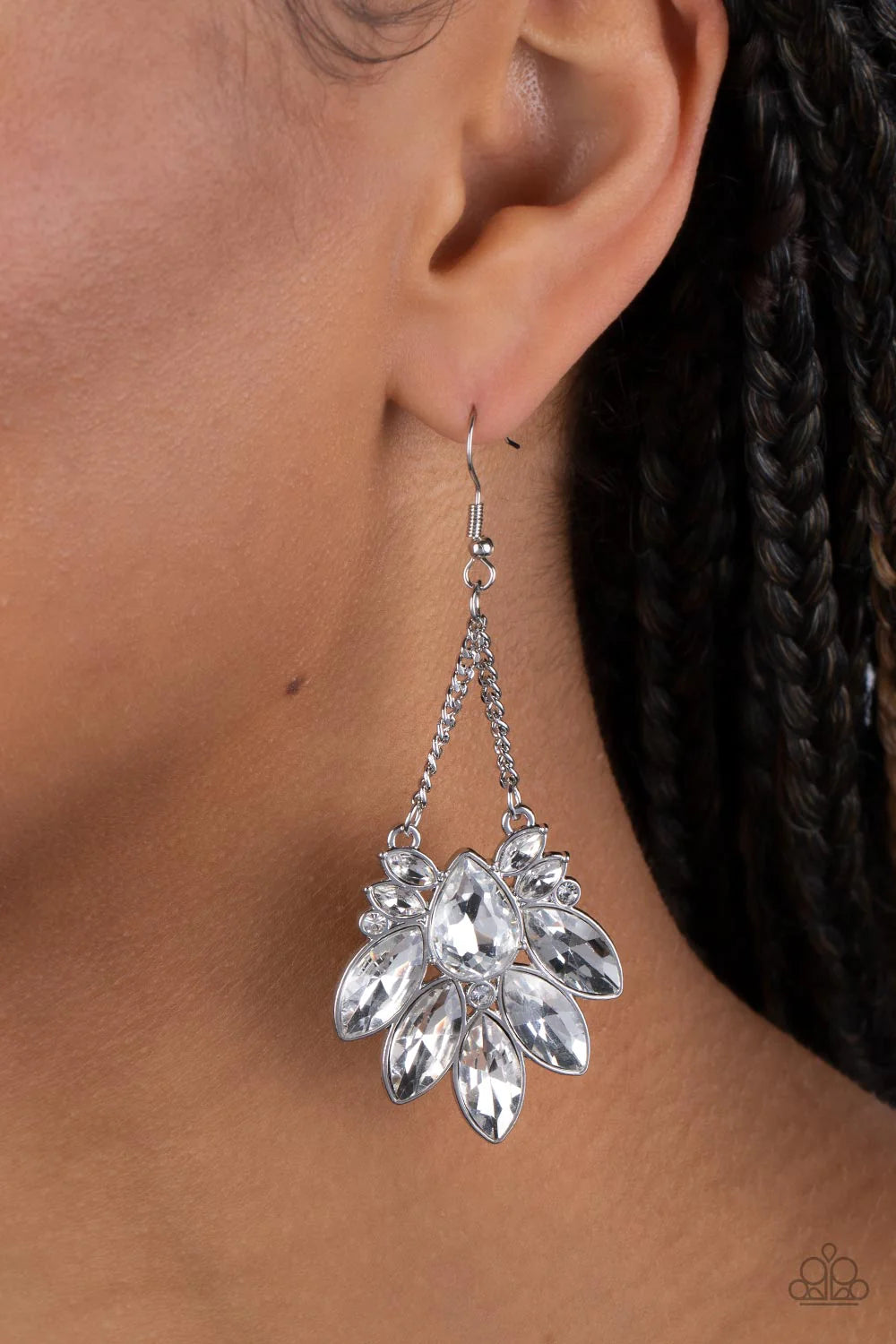 Paparazzi Accessories Prismatic Pageantry - White An explosion of marquise-cut white rhinestones fan out from a faceted teardrop gem. Tiny white rhinestones are sprinkled between the white gems, adding a hint of sparkle as the design is suspended from a p