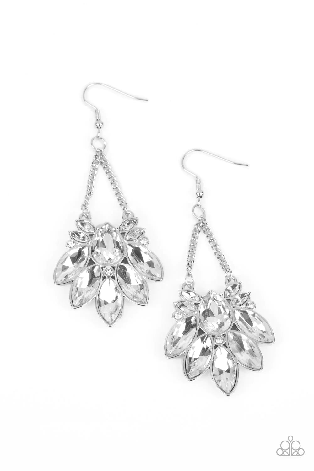 Paparazzi Accessories Prismatic Pageantry - White An explosion of marquise-cut white rhinestones fan out from a faceted teardrop gem. Tiny white rhinestones are sprinkled between the white gems, adding a hint of sparkle as the design is suspended from a p