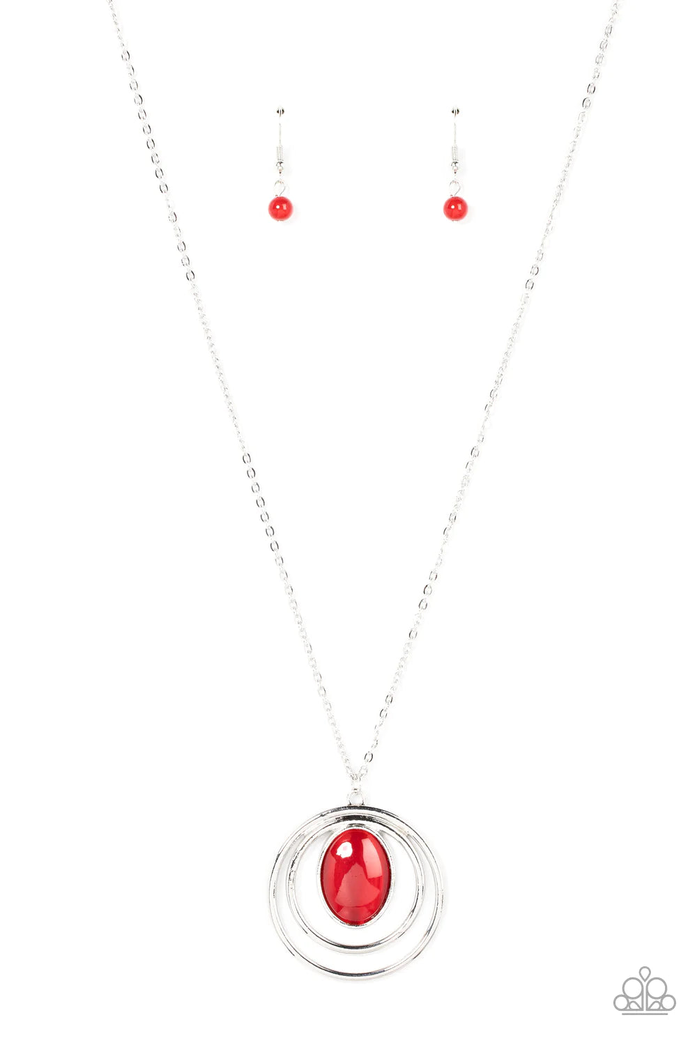 Paparazzi Accessories Epicenter Elegance - Red An oval red cat's eye stone attaches to the top of silver rings that ripple out into a dizzying pendant at the bottom of an extended silver chain, resulting in a mystical pop of color. Features an adjustable