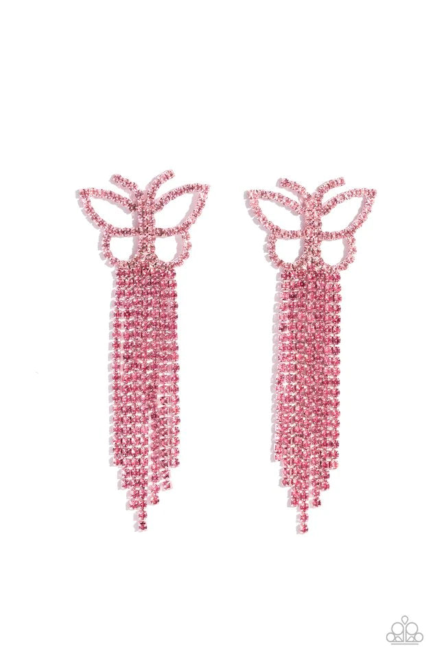 Paparazzi Accessories Billowing Butterflies - Pink Glassy pink rhinestones, encrusted along the front of a pink butterfly frame, create a whimsical centerpiece. Staggered rows of different pink rhinestones pressed in delicate silver square fittings cascad