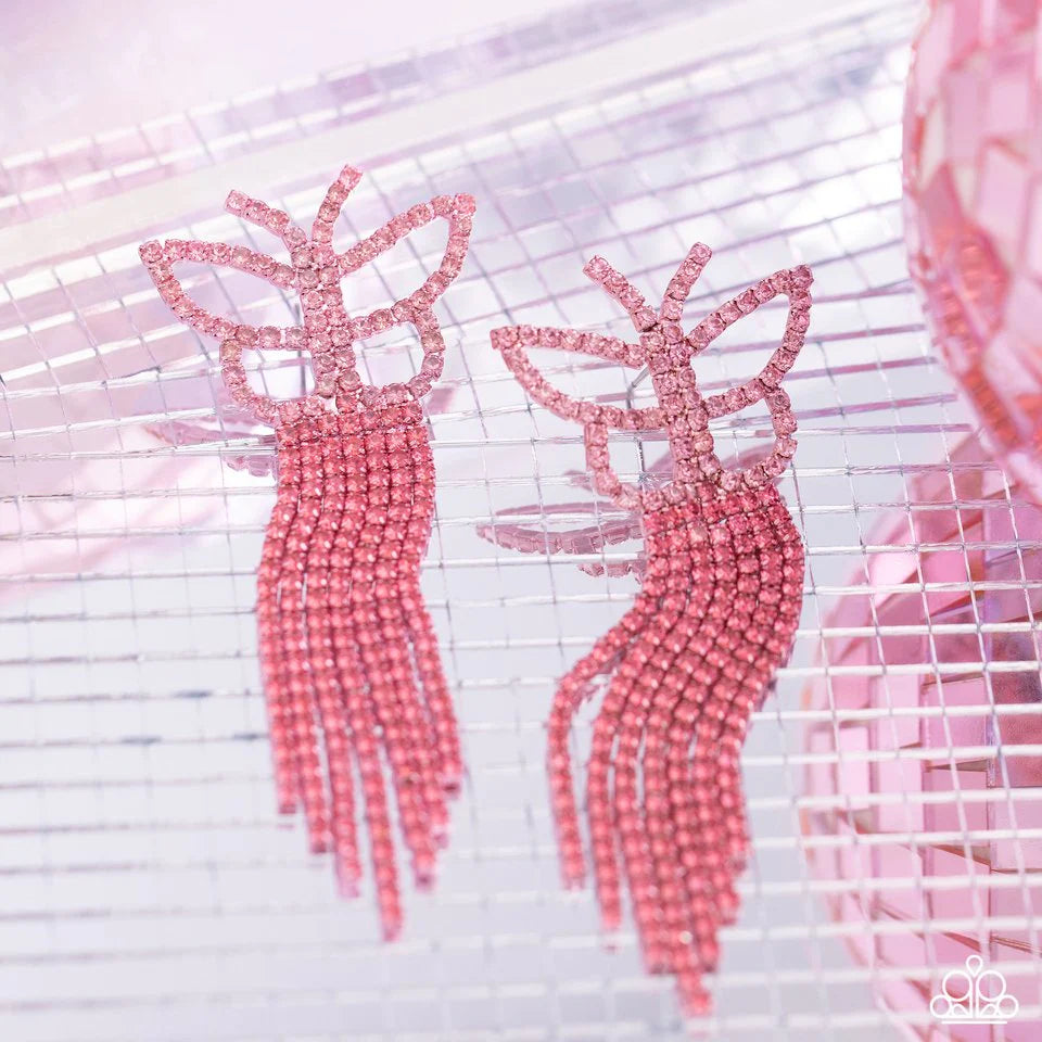 Paparazzi Accessories Billowing Butterflies - Pink Glassy pink rhinestones, encrusted along the front of a pink butterfly frame, create a whimsical centerpiece. Staggered rows of different pink rhinestones pressed in delicate silver square fittings cascad