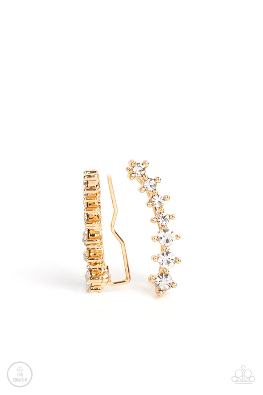 Paparazzi Accessories PRISMATIC and Proper - Gold Featuring pronged gold fittings, glassy white rhinestones gradually increase in size as they climb the ear for a trendy twinkle. Features a dainty cuff attached to the top for a secure fit. Sold as one pai