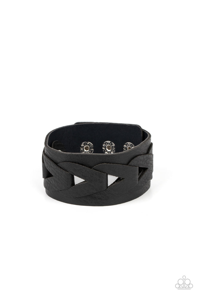 Paparazzi Accessories Horse and Carriage - Black Featuring airy triangular cutouts, black leather links interlock across the center of a distressed black leather band for a rustic flair. Features an adjustable snap closure. Sold as one individual bracelet