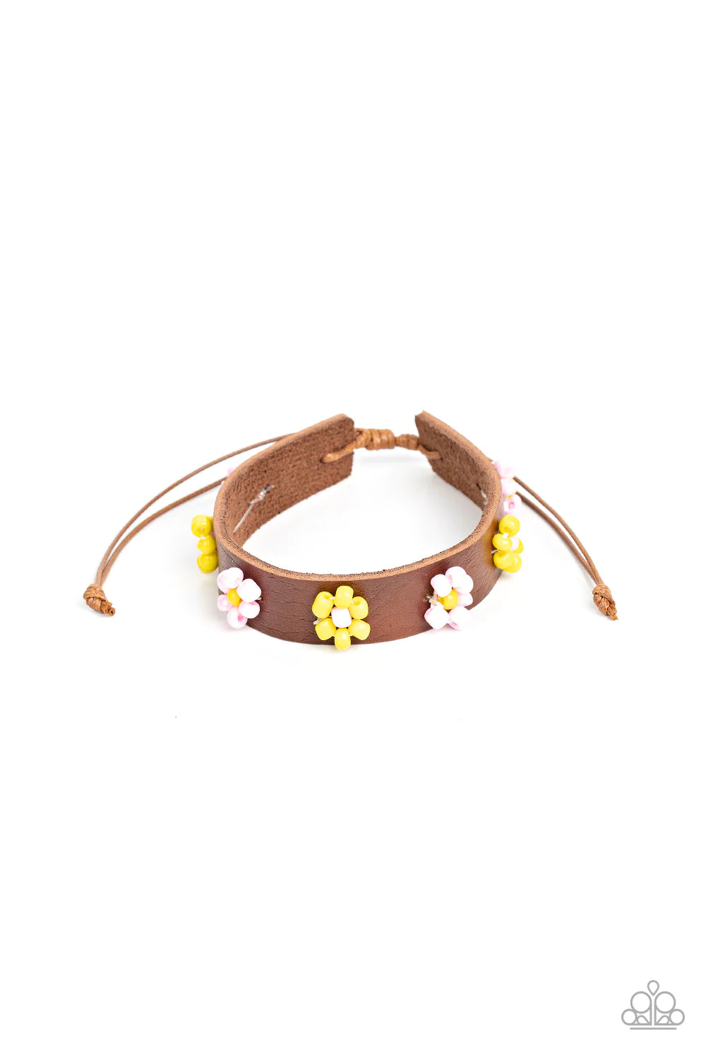 Paparazzi Accessories Flowery Frontier - Pink Pink and yellow beads bloom into vivacious flowers across the front of a brown leather band, bursting into a colorful floral accent. Features an adjustable sliding knot closure. Sold as one individual bracelet