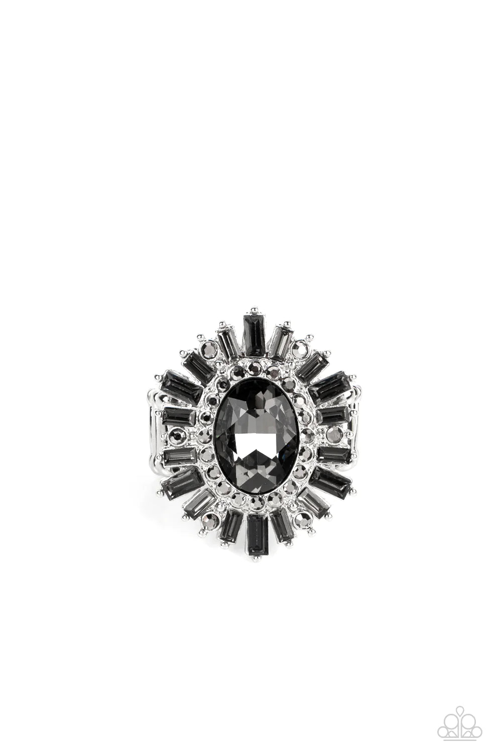 Paparazzi Accessories Astral Attitude - Silver A large smoky rhinestone sparkles inside a ring of dainty hematite rhinestones. Emerald cut hematite and smoky gray rhinestones fan out from the dazzling center, exploding into a stellar centerpiece atop the