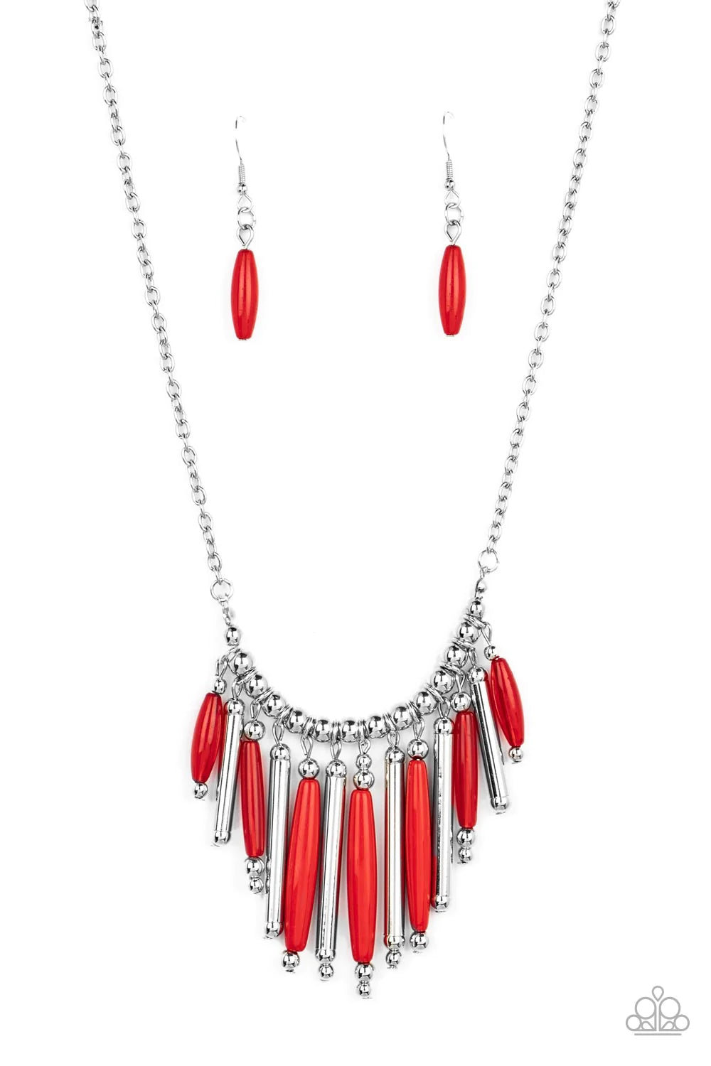 Paparazzi Accessories Bohemian Breeze - Red Flanked by dainty silver beads, cylindrical silver and glassy and opaque red beads alternate along a silver beaded chain, fanning out into a colorful fringe below the collar. Features an adjustable clasp closure