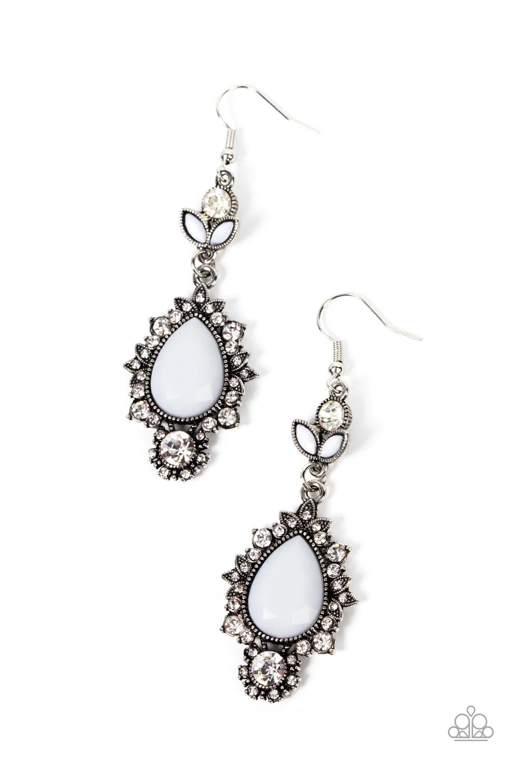 Paparazzi Accessories SELFIE-Esteem - White Dotted with dainty white rhinestones, leafy silver frames bloom from an oversized white teardrop bead that delicately hangs from a leafy white rhinestone and white beaded fitting for a whimsical finish. Earring