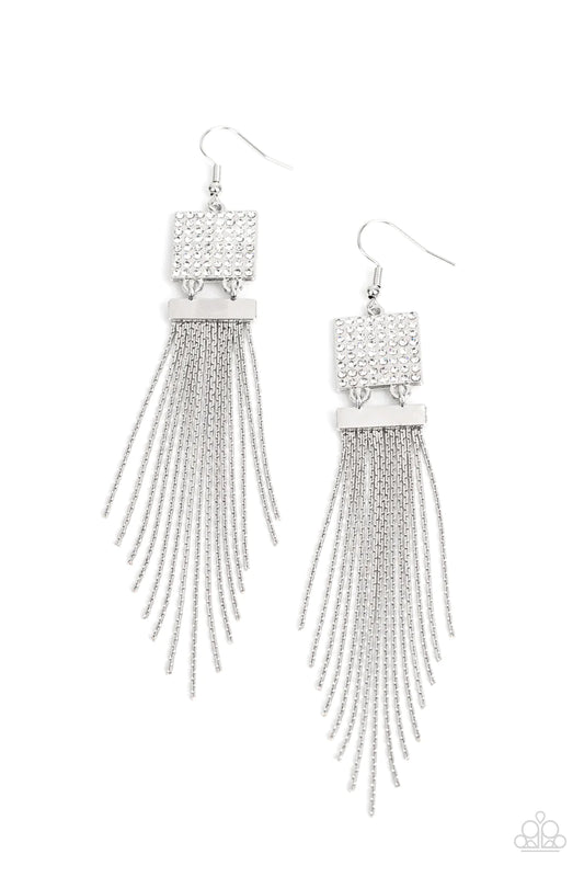 Paparazzi Accessories Dramatically Deco - White A tapered curtain of flat silver chains cascades from a silver rectangular fitting that delicately links to a silver square frame dotted in dainty white rhinestones, resulting in a trendy tassel. Earring att