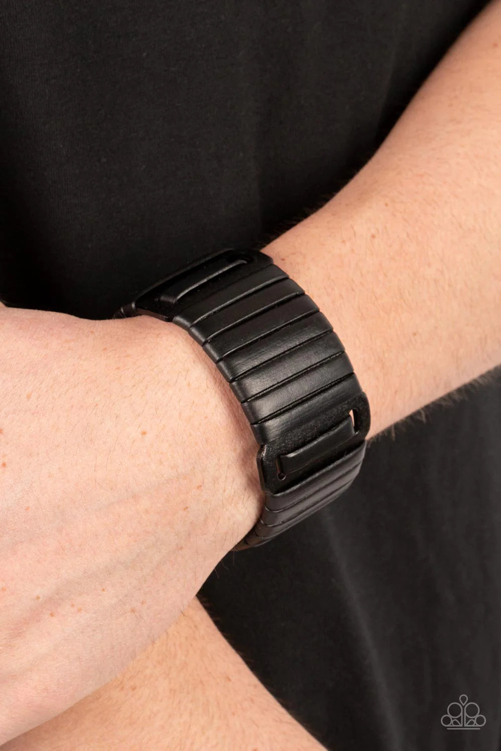 Paparazzi Accessories Leather Lumberyard - Black A black leather lace is wrapped around and through a thick black leather band, resulting in a rugged centerpiece around the wrist. Features an adjustable snap closure. Sold as one individual bracelet.