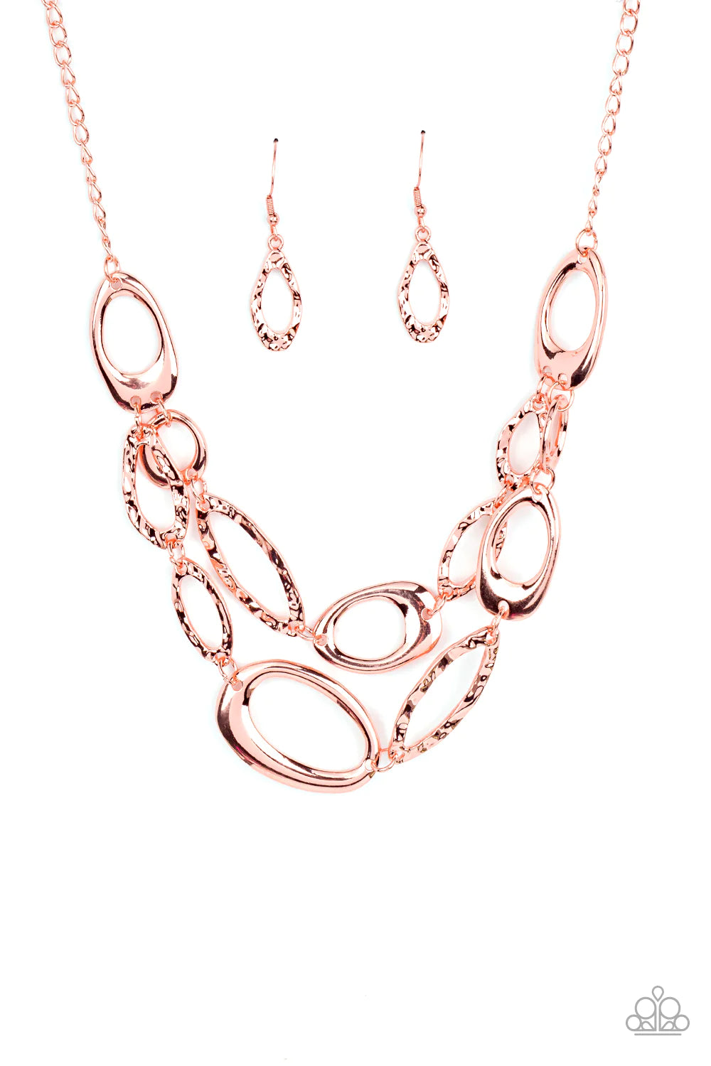 Paparazzi Accessories Game Oval - Copper A mismatched assortment of asymmetrical and hammered shiny copper ovals delicately links below the collar, creating refined metallic layers. Features an adjustable clasp closure. Sold as one individual necklace. In