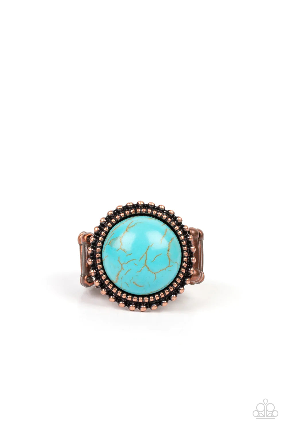 Paparazzi Accessories Mesa Mecca - Copper A round turquoise stone bursts from a dainty border of textured copper. An outer ring of rustic copper studs radiates around the design, adding an authentic flair to the artisan-inspired centerpiece. Features a st