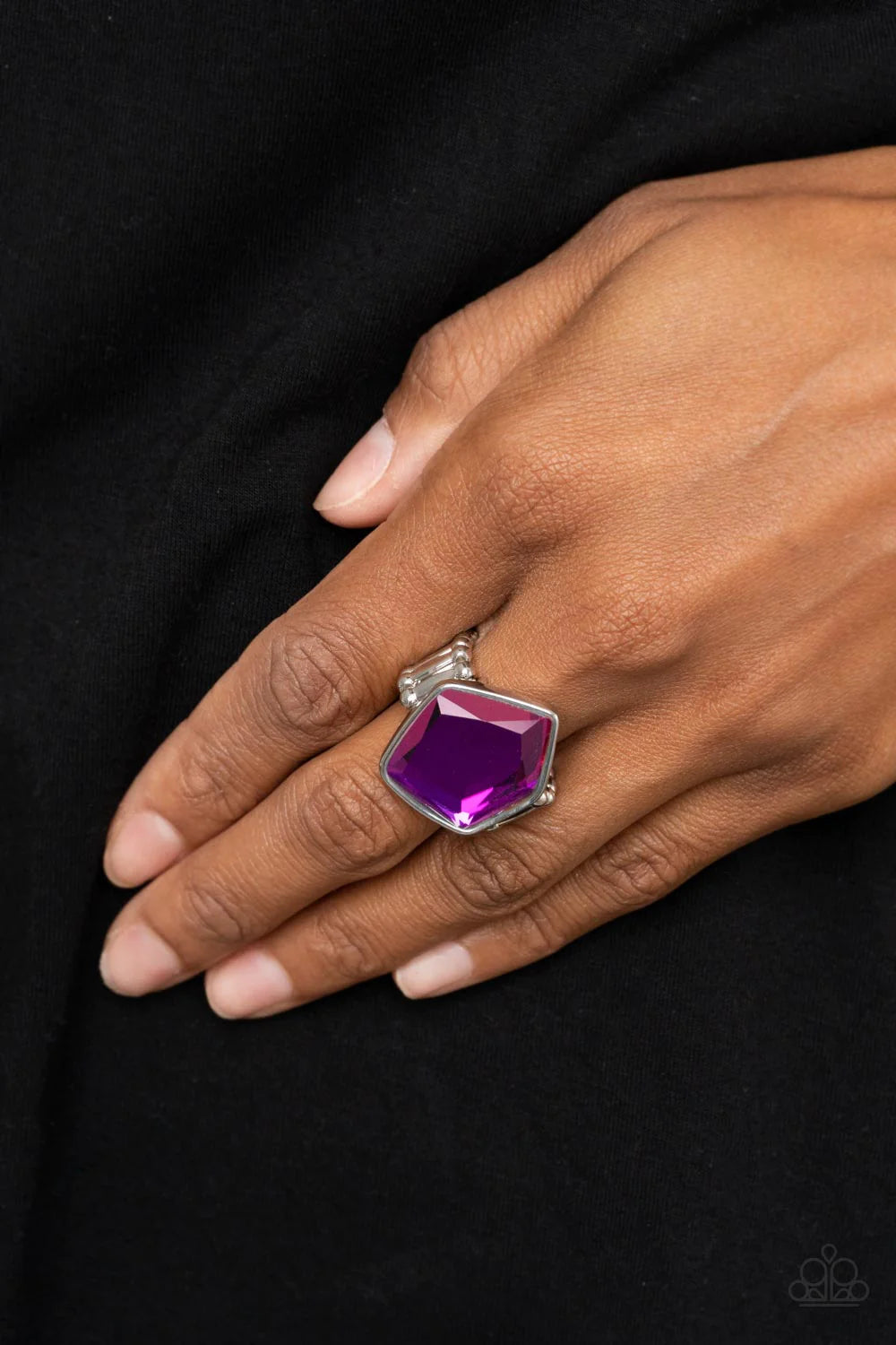 Paparazzi Accessories Abstract Escapade - Purple Featuring an orange UV finish, a faceted geometric purple gem sits asymmetrically atop the finger for a stellar finish. Features a stretchy band for a flexible fit. Sold as one individual ring. Jewelry