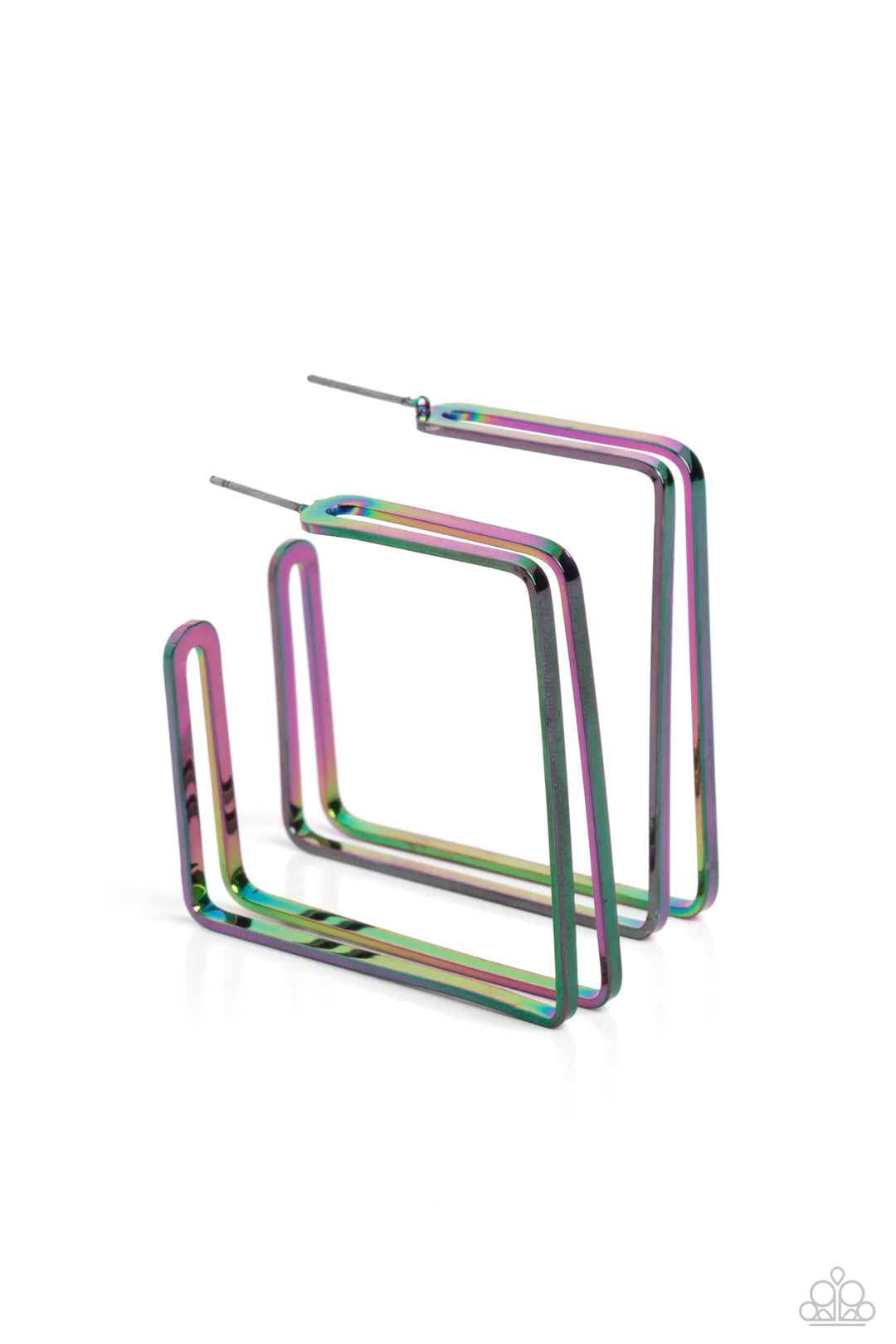 Paparazzi Accessories Take SQUARE - Multi Two square frames dipped in an oil spill shade delicately curve into a combined hoop at the ear for a geometric, stellar finish. Earring attaches to a standard post fitting. Hoop measures approximately 1 3/4" in d