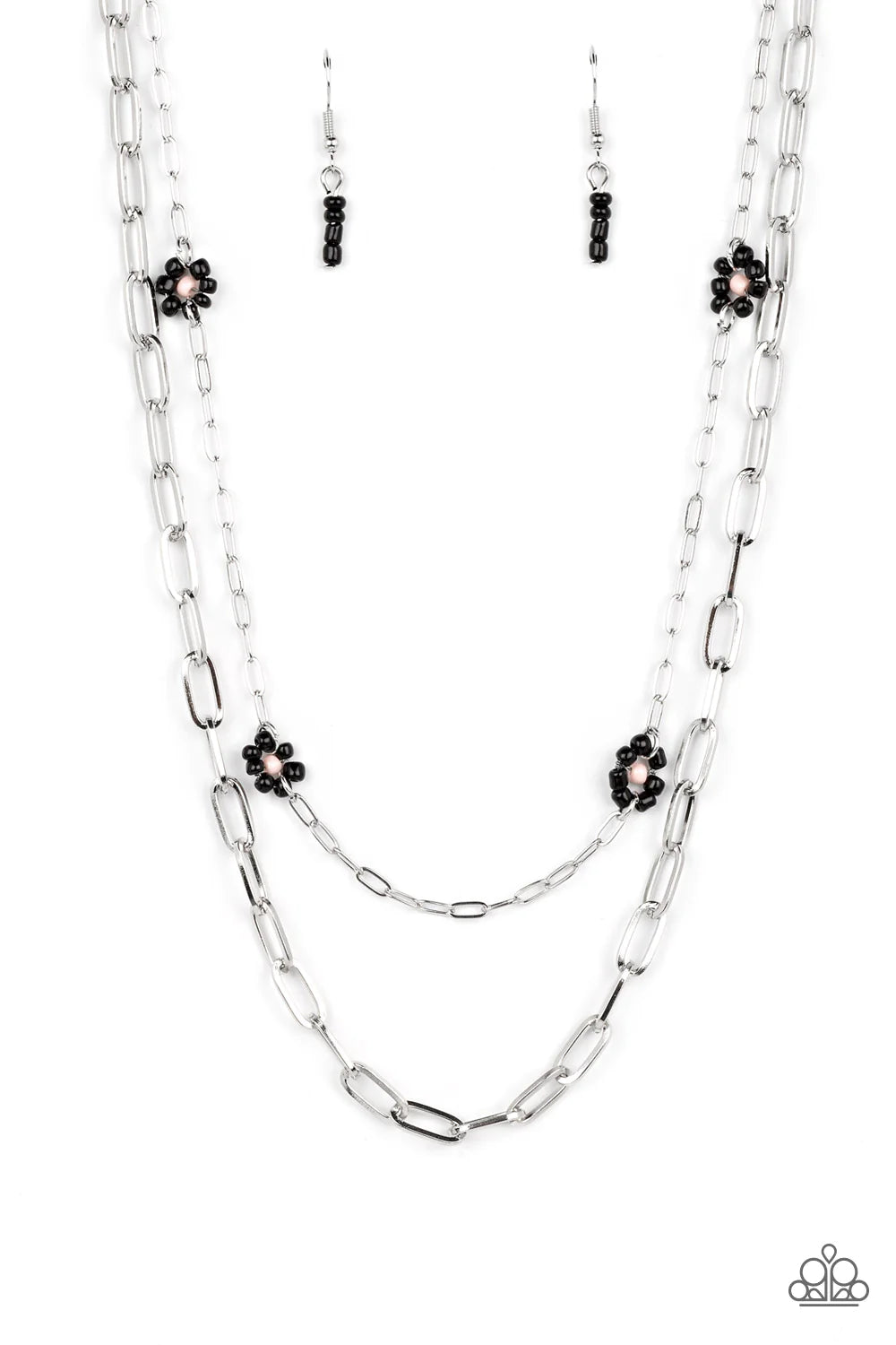 Paparazzi Accessories Bold Buds - Black Elongated silver ovals link together to create an industrially edgy sheen below the collar. A slightly daintier version of the same style of chain layers above, dotted with black seed bead flowers with pink centers