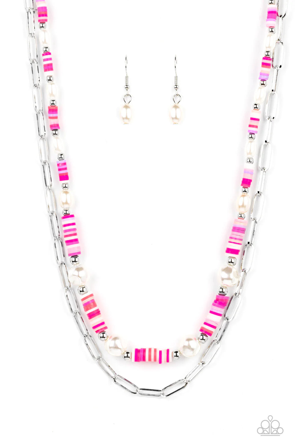 Paparazzi Accessories Tidal Trendsetter - Pink Sections of colorful rubber discs in shades of pink, purple, and white are separated by tiny silver beads and a variety of white baroque pearls to create an unexpected mashup of texture along the collar. A st