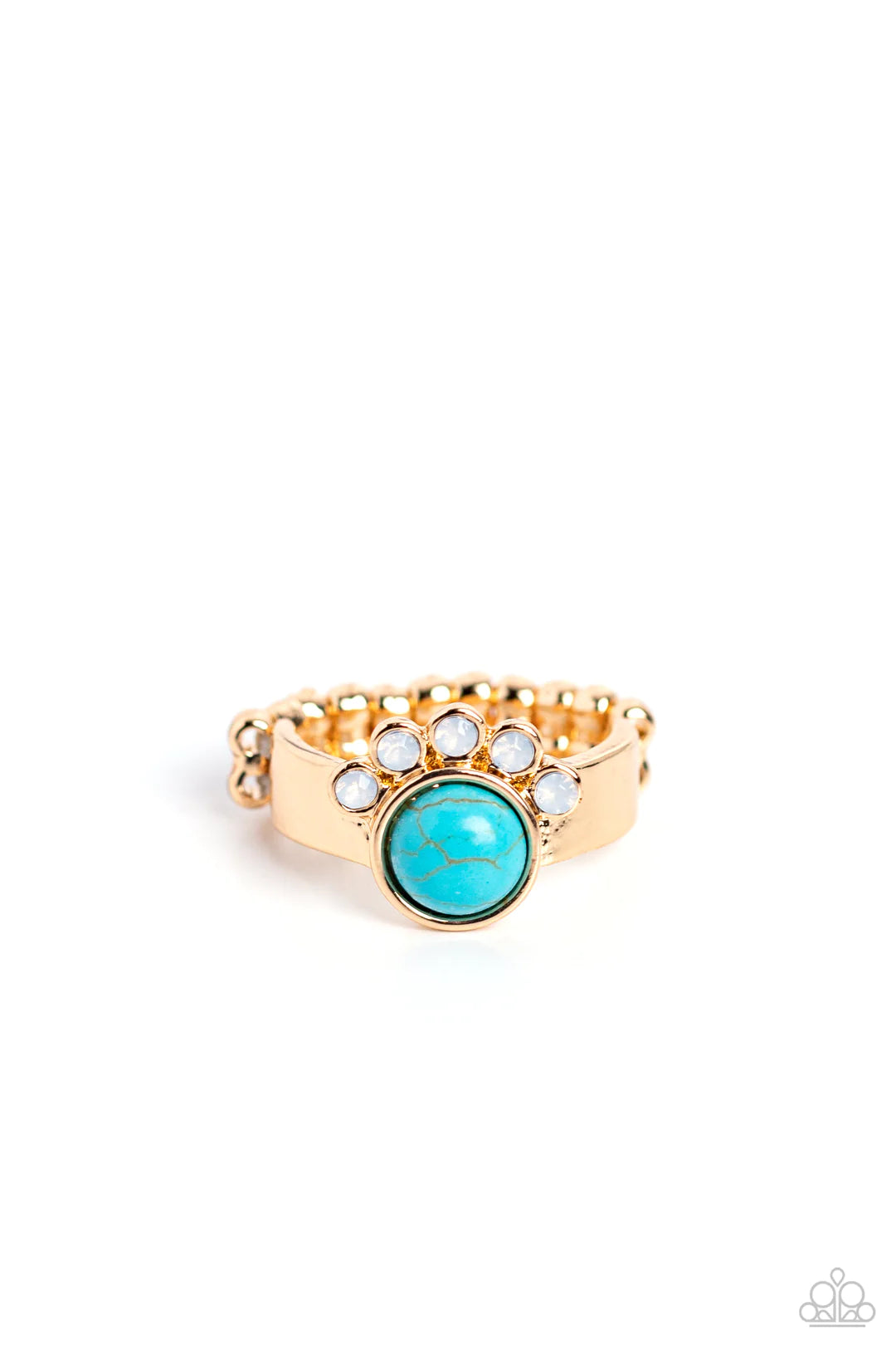 Paparazzi Accessories Havasu Haven - Gold Daintily crowned in a curved row of opaque white rhinestones, a round turquoise stone is pressed into the center of a dainty gold band, resulting an enchantingly earthy centerpiece atop the finger. Features a dain