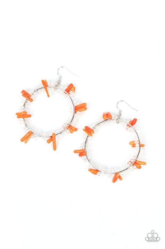 Paparazzi Accessories Ocean Surf - Orange Dainty crystal-like beads and orange shell-like pieces are threaded along dainty wires, creating glitzy loops around an oversized silver ring for a beach inspired fashion. Earring attaches to a standard fishhook f