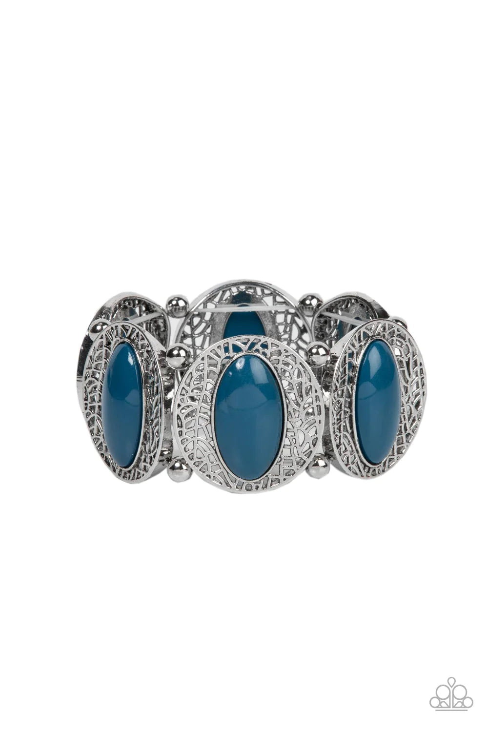 Paparazzi Accessories Eastern Escapade - Blue Bordered in airy stenciled frames, bubbly Mykonos Blue beaded silver frames join pairs of silver beads along stretchy bands along the wrist for a whimsical pop of color. Sold as one individual bracelet. Jewelr
