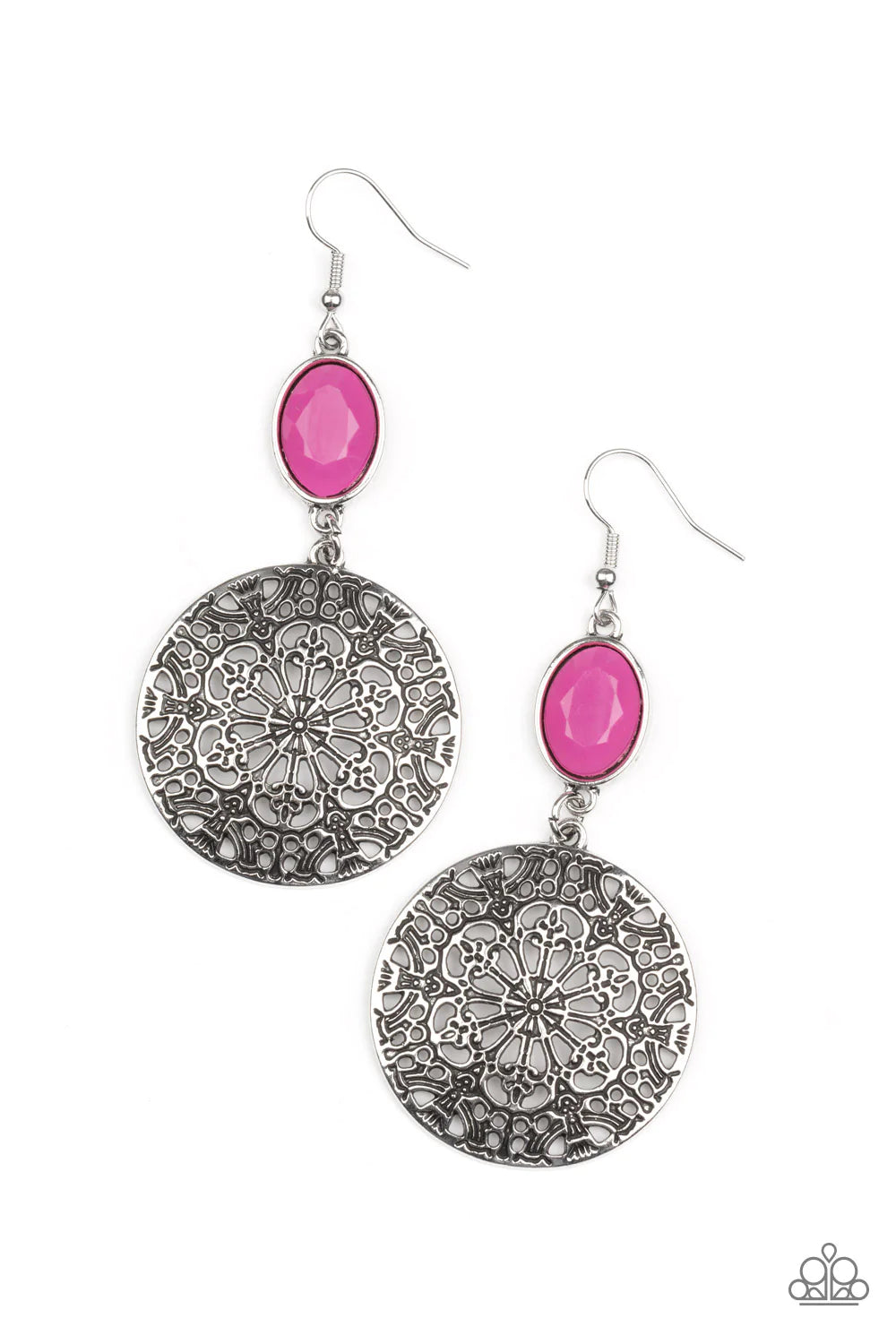 Paparazzi Accessories Eloquently Eden - Pink Blossoming with floral filigree, an antiqued silver disc swings from the bottom of a dewy Fuchsia Fedora bead for an enchanted fashion. Earring attaches to a standard fishhook fitting. Sold as one pair of earri