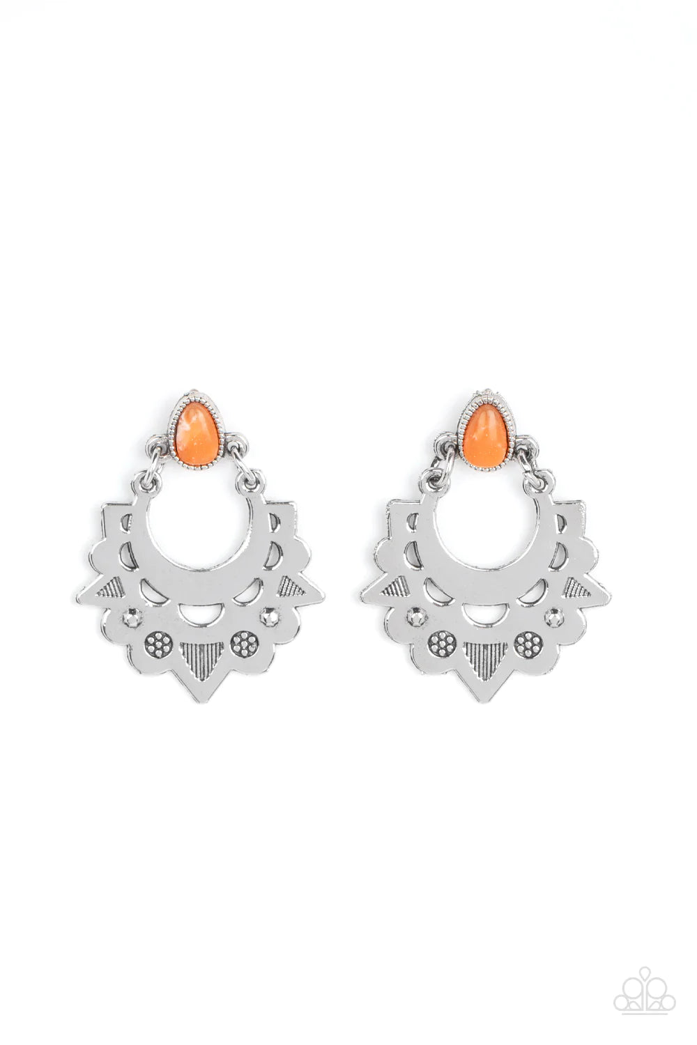 Paparazzi Accessories Earthy Zeal - Orange Stamped in stripes and studded in floral details, a scalloped silver frame swings from the bottom of an earthy orange stone teardrop for a vivacious effect. Earring attaches to a standard post fitting.