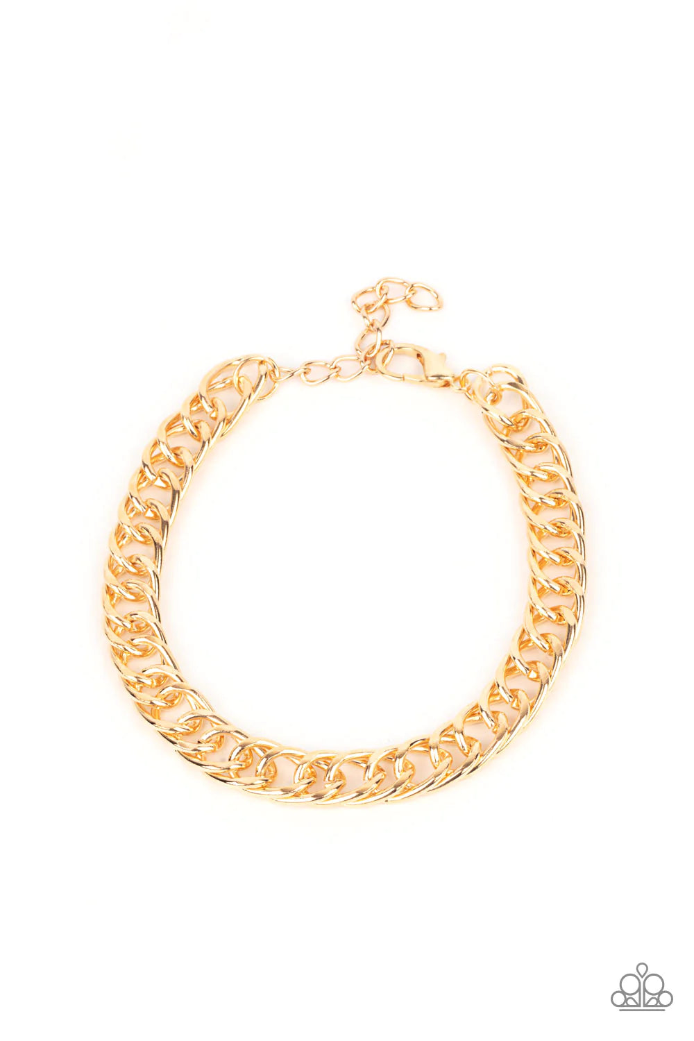 Paparazzi Accessories Game-Changing Couture - Gold Featuring oversized oval links, a shiny gold chain drapes around the wrist for a bold industrial look. Features an adjustable clasp closure. Sold as one individual bracelet. Jewelry
