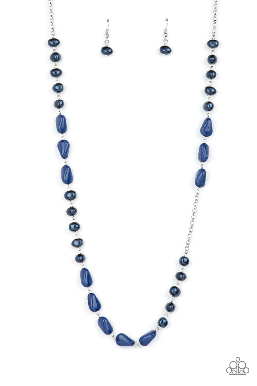 Paparazzi Accessories Shoreline Shimmer - Blue Enchanting sections of asymmetrical blue pearls and glassy blue teardrop beads alternate along an elegantly extended silver chain, creating a refined pop of color across the chest. Features an adjustable clas