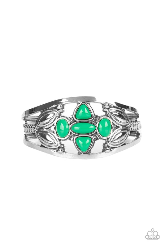 Paparazzi Accessories Caribbean Cabana - Green A shapely assortment of Leprechaun acrylic beads adorn the center of a layered silver cuff adorned in leafy silver texture, creating a refreshing pop of color around the wrist. Sold as one individual bracelet
