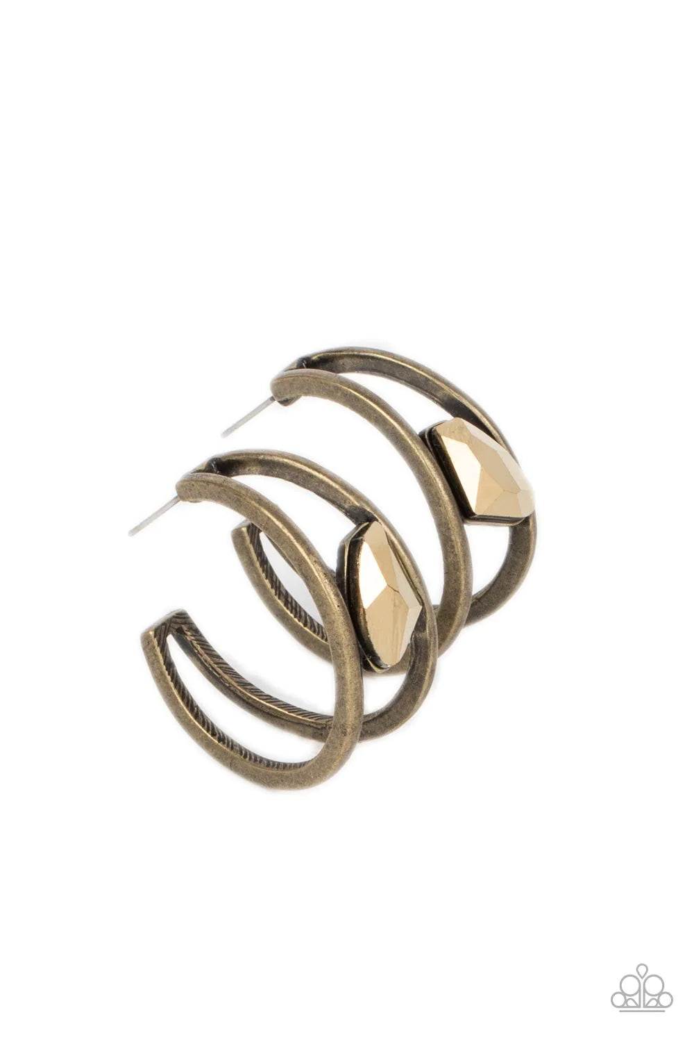 Paparazzi Accessories Unrefined Reverie - Brass Two thick, brass crescent frames curve into bold double hoops that curl behind the ear in a dramatic display. An asymmetrical-cut piece of aurum juts out from the hoop, adding a dash of shimmer to the edgy d