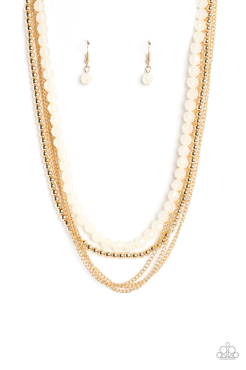 Paparazzi Accessories Boardwalk Babe - Gold Shiny gold beads fall together with classic gold chains to create shimmery layers along the collar. A strand of opaque, faceted beads, in the calming shade of ivory, emerges from the backdrop of metallic sheen,