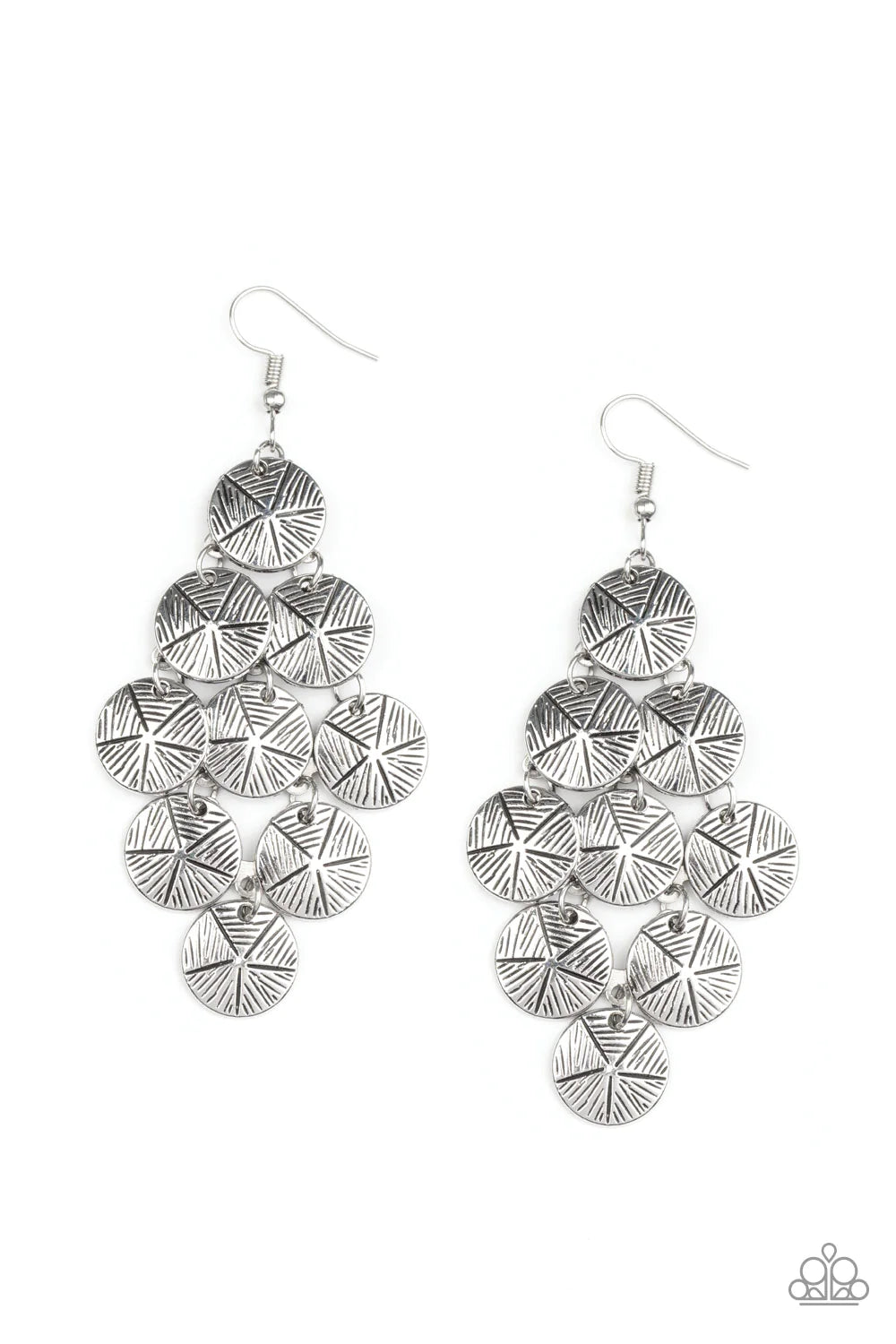 Paparazzi Accessories How CHIME Flies - Silver Etched in linear textures, star stamped silver discs cascade from a netted backdrop, creating a noisemaking lure. Earring attaches to a standard fishhook fitting. Sold as one pair of earrings. Jewelry