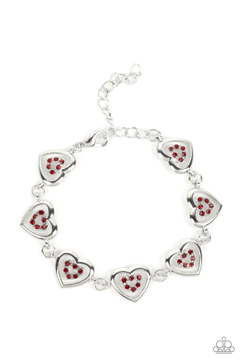 Paparazzi Accessories Catching Feelings - Red Dotted with dainty siam rhinestones, airy silver heart silhouettes are affixed to the points of larger silver heart frames. The two dimensional heart frames link together around the wrist in a flirtatious fini