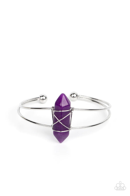 Paparazzi Accessories Terra Transcendence - Purple A serene amethyst stone pendulum is wire wrapped in place at the center of an airy silver cuff, resulting in a tranquil centerpiece. Sold as one individual bracelet. Jewelry